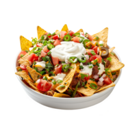 A bowl of nachos with sour cream and toppings png