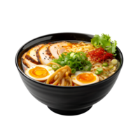 A bowl of ramen with chicken, eggs and vegetables png