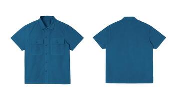 Blue shirt mock up, front and back view, isolated on white background. Perfect for branding or design projects. photo