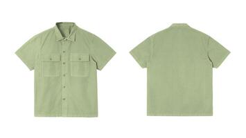 Green short sleeve shirt with button up front and two front pockets. This shirt is perfect for casual outings and is comfortable to wear. photo