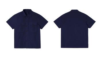 Navy blue short sleeved polo shirt mock up for branding and design. Isolated on white background, front and back views. photo