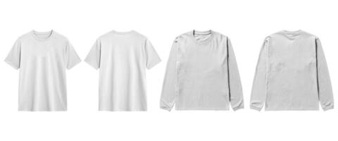 White T shirt mockup, front and back view, long and short sleeves, isolated on white background. Perfect for design presentation and branding. photo