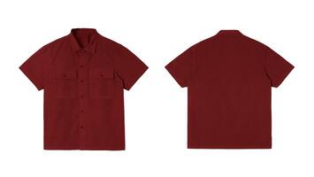 Mockup of a red short sleeve collared shirt on a white background. photo