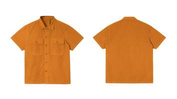 Mustard yellow short sleeve button down shirt, front and back view. photo