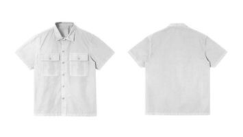 White short sleeved shirt with two pockets on the front and a button down collar. photo