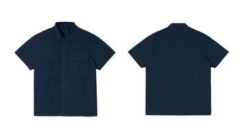 Mockup of a blue polo shirt, front and back view, isolated on white background. photo