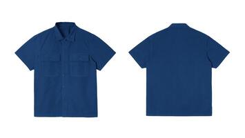 Front and back view of a plain blue polo shirt isolated on white background. photo