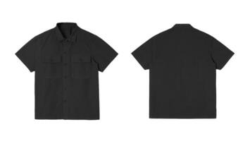 Mockup of a plain black short sleeved shirt with a collar, isolated on a white background. photo