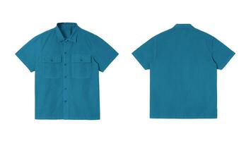 Front and back view of a blue short sleeved shirt with a pocket photo