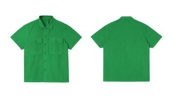 Green short sleeve shirt mock up, front and back view isolated on white background. photo