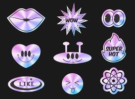 Y2K retro hologram sticker set. Holographic label collection. vector