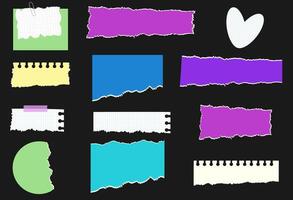 Torn paper pieces on a black background. Scrapbook color retro pages sheet set. vector