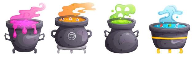 Magic witch cauldrons with potion set. Halloween elements cartoon illustration. UI game interface objects. vector