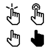 Pixel hand pointer mouse cursor icon, vibrant, playful, retro, 8-bit design, enhances user interaction, charming aesthetic, perfect for games. vector