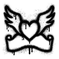 Graffiti icon of heart wings spray painted with ribbon underneath vector