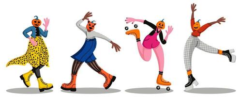 Set of funny Halloween characters with pumpkin head. Scary carnival costumes. Spooky party look vector