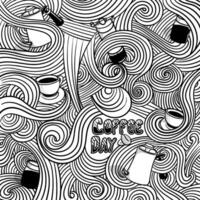 Coffee background in doodle art design with waving lines and coffee tools design. Good template of coffee day or coffee shop design vector