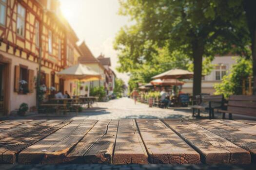 rustic beer garden scene with wooden table in summer morning light, perfect backdrop for brewery and beverage-related content photo