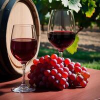 Sophisticated Red Wine and Grapes in a Picturesque Vineyard photo