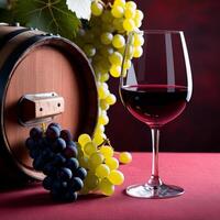 Sophisticated Red Wine and Grapes in a Picturesque Vineyard photo