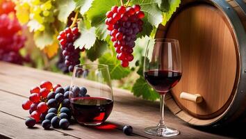 Sophisticated Red Wine and Grapes in a Picturesque Vineyard photo