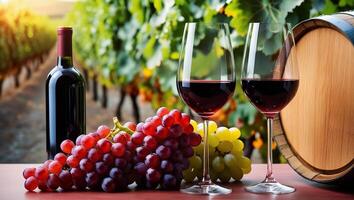 Sophisticated Red Wine and Grapes in a Picturesque Vineyard photo