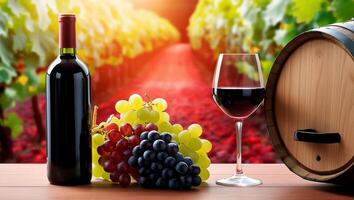 Sophisticated Red Wine and Grapes in a Picturesque Vineyard photo