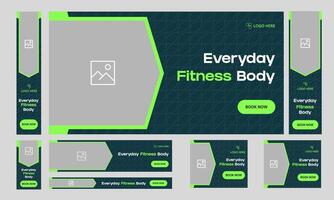 Creative fitness web bundle banner design for social media post, body fitness web standard banner design, daily wellness training web banner design, fully editable eps 10 file format vector