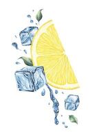 Lemon slices, splashes water, leaves and ice cubes. Dynamic cold liquid with citrus fruits. Isolated hand drawn watercolor illustration for menu, packaging of goods, advertisement vector