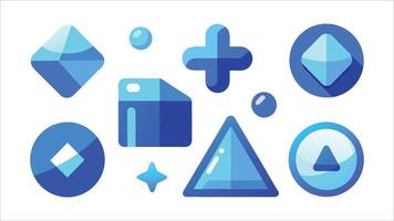 A collection of eight blue geometric shapes, including circles, diamonds, triangles, and a plus sign, designed in a flat style with gradients and shadows vector