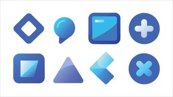 A set of eight blue gradient geometric shapes and symbols on a white background a diamond, a pin, a square, a plus sign, a rectangle, a triangle, an arrow, and an X vector
