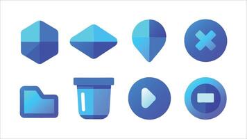 A set of eight blue gradient icons, including a hexagon, diamond, location pin, cross, folder, trash can, play button, and pause button vector