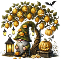 Gnome with lantern under Halloween tree adorned with glowing pumpkins png