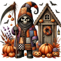 skeleton in patchwork cloak stands by pumpkin decorated house png