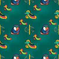 Colorful abstract ducks and geometric shapes create a vibrant pattern on a teal background, perfect for textile design inspiration vector