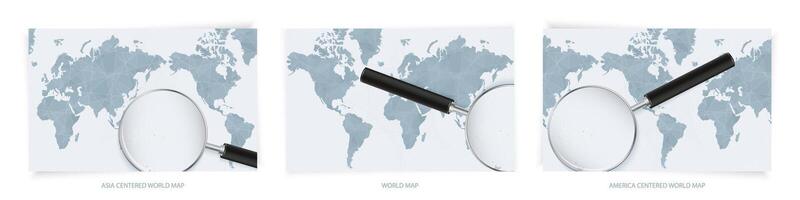 Blue Abstract World Maps with magnifying glass on map of Tonga with the national flag of Tonga. Three version of World Map. vector