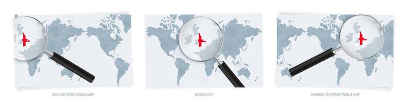 Blue Abstract World Maps with magnifying glass on map of England with the national flag of England. Three version of World Map. vector