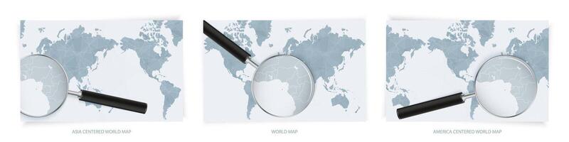 Blue Abstract World Maps with magnifying glass on map of Sao Tome and Principe with the national flag of Sao Tome and Principe. Three version of World Map. vector