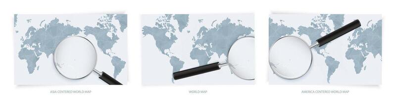 Blue Abstract World Maps with magnifying glass on map of Nauru with the national flag of Nauru. Three version of World Map. vector