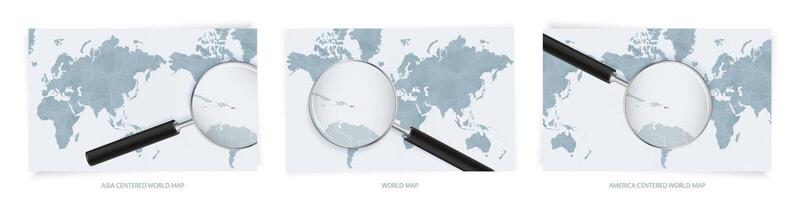 Blue Abstract World Maps with magnifying glass on map of Puerto Rico with the national flag of Puerto Rico. Three version of World Map. vector