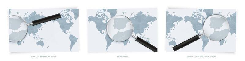 Blue Abstract World Maps with magnifying glass on map of Gibraltar with the national flag of Gibraltar. Three version of World Map. vector
