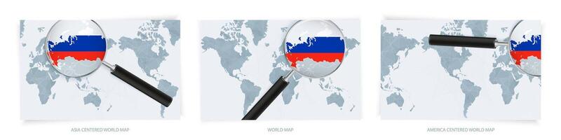 Blue Abstract World Maps with magnifying glass on map of Russia with the national flag of Russia. Three version of World Map. vector