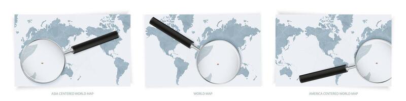 Blue Abstract World Maps with magnifying glass on map of Seychelles with the national flag of Seychelles. Three version of World Map. vector
