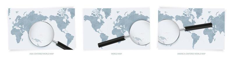 Blue Abstract World Maps with magnifying glass on map of Micronesia with the national flag of Micronesia. Three version of World Map. vector