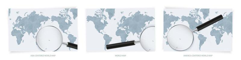 Blue Abstract World Maps with magnifying glass on map of Samoa with the national flag of Samoa. Three version of World Map. vector