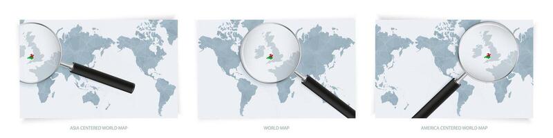 Blue Abstract World Maps with magnifying glass on map of Wales with the national flag of Wales. Three version of World Map. vector