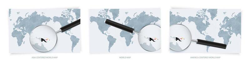 Blue Abstract World Maps with magnifying glass on map of Papua New Guinea with the national flag of Papua New Guinea. Three version of World Map. vector