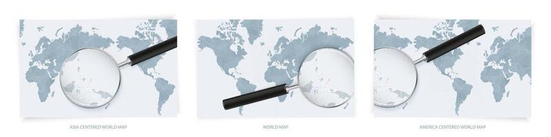 Blue Abstract World Maps with magnifying glass on map of Palau with the national flag of Palau. Three version of World Map. vector