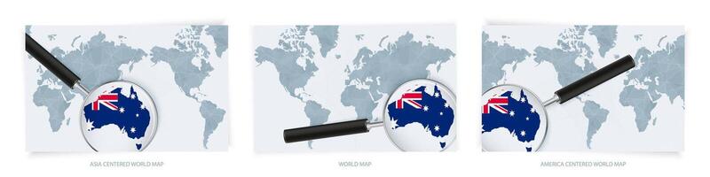 Blue Abstract World Maps with magnifying glass on map of Australia with the national flag of Australia. Three version of World Map. vector