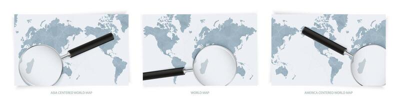 Blue Abstract World Maps with magnifying glass on map of Mauritius with the national flag of Mauritius. Three version of World Map. vector